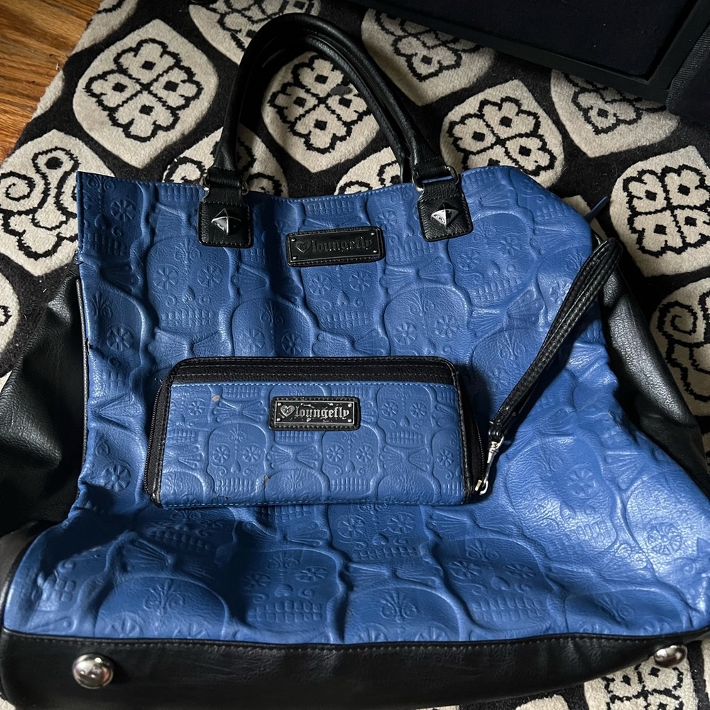 Loungefly Blue and Black sugar skull Embossed Tote with wristlet Wallet